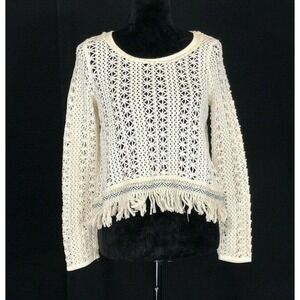 AKEMI KIN Sweater S Cream Crochet High Low Fringe Chevron Boho Anthropologie Top